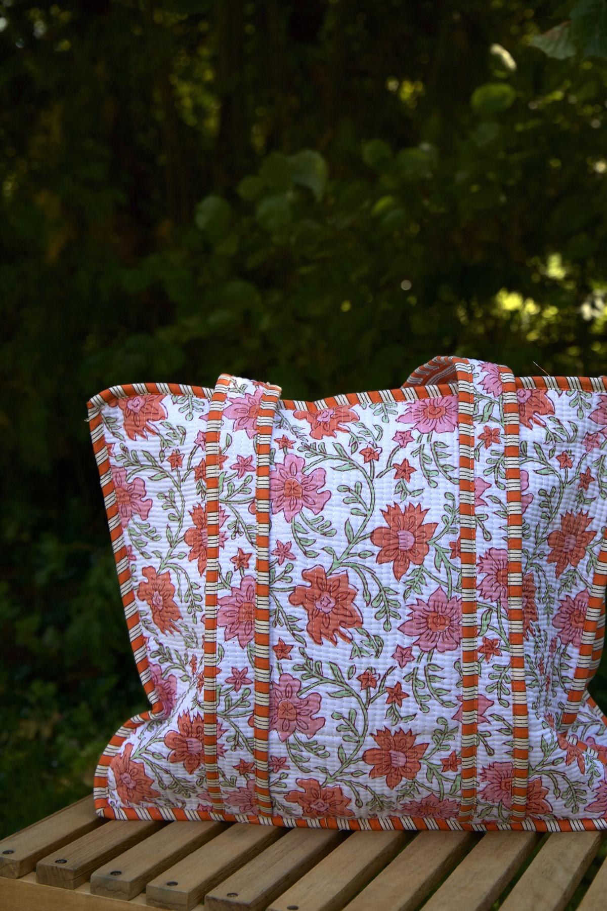Sac cabas en coton à fleurs oranges avec fermeture éclair