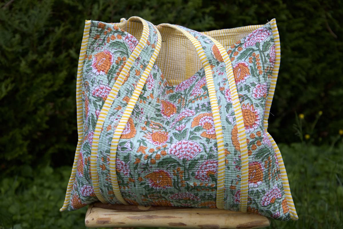 Sac cabas en coton matelassé jaune et vert