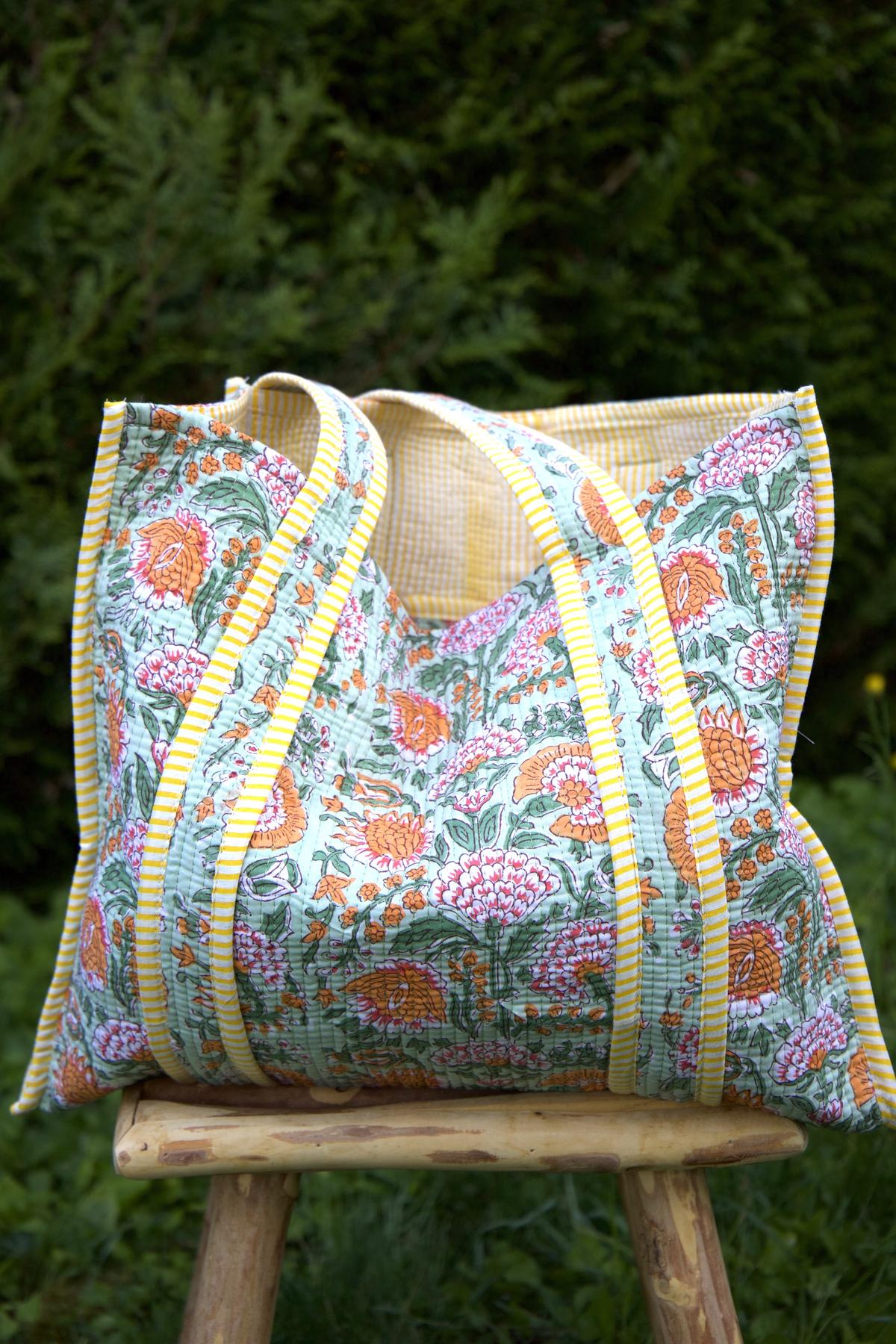 Sac cabas en coton matelassé jaune et vert