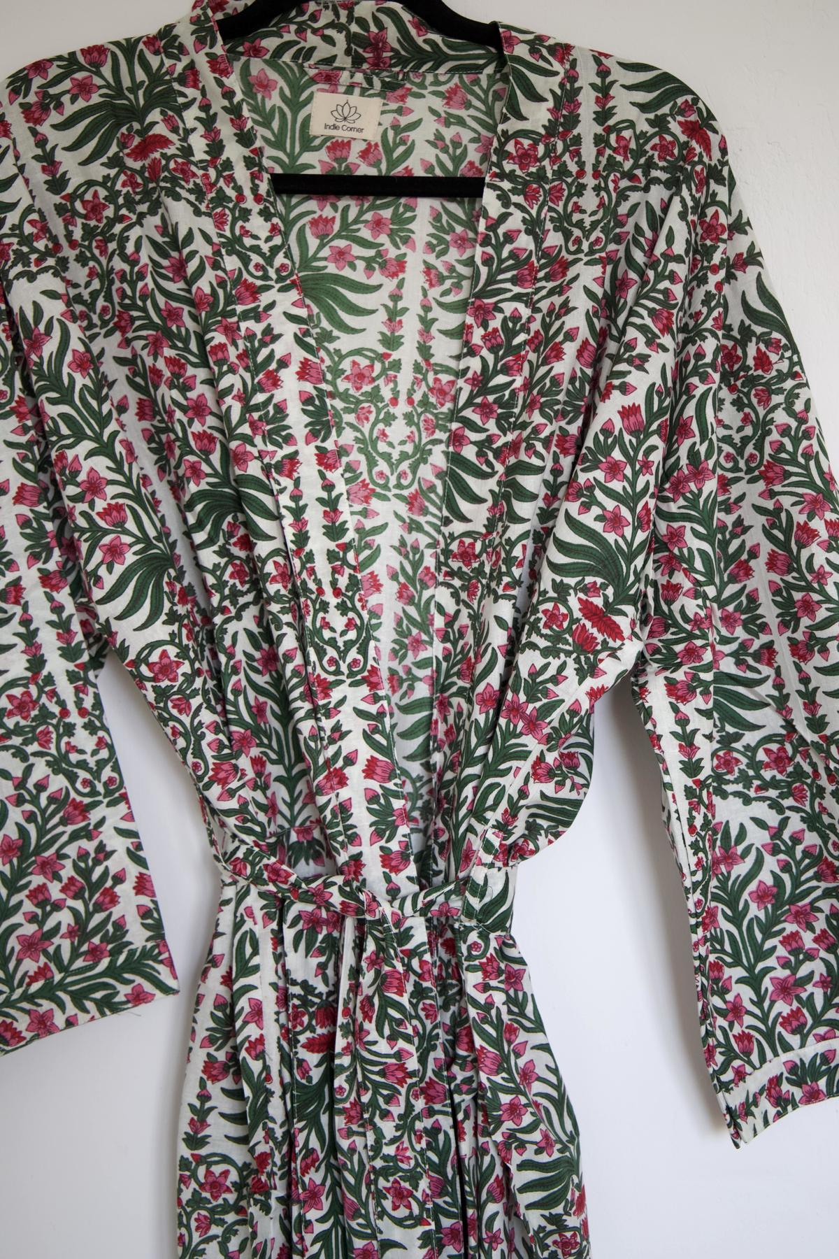 Kimono en coton fleurs rose et vert