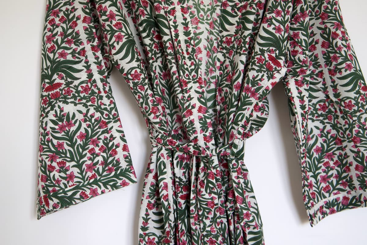 Kimono en coton fleurs rose et vert