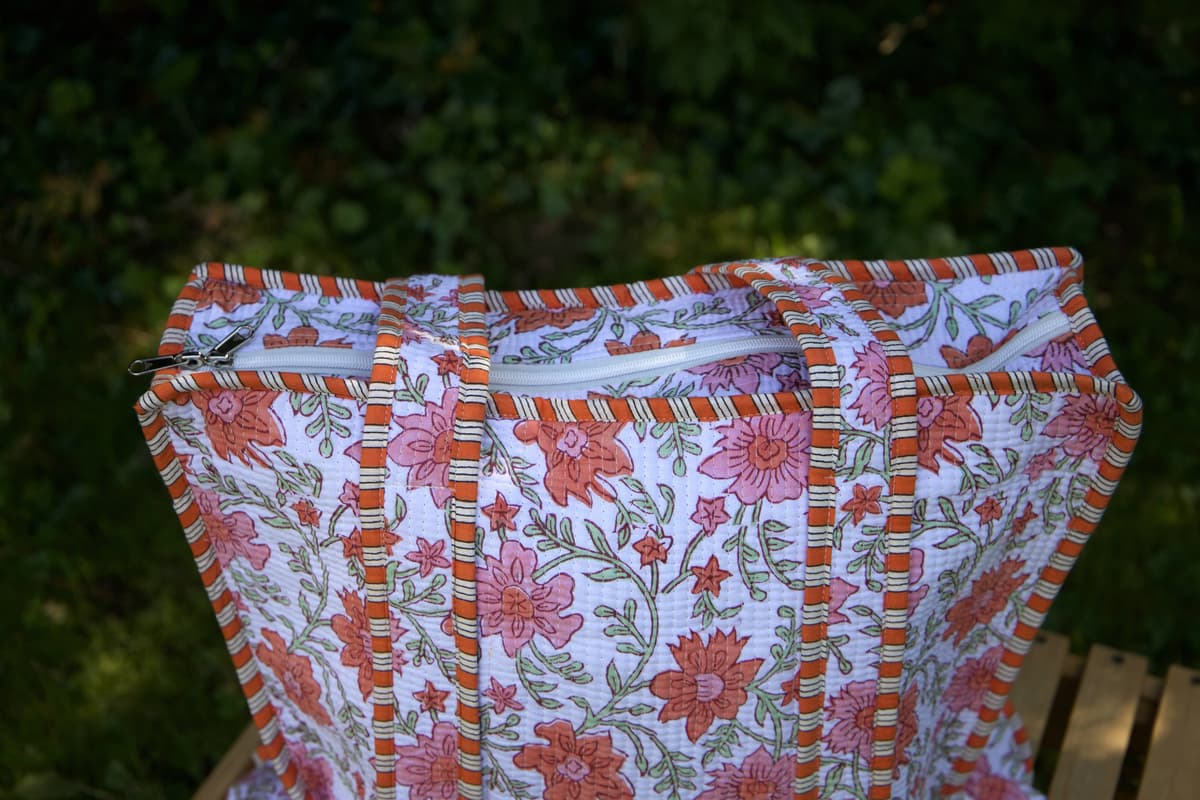 Sac cabas en coton à fleurs oranges avec fermeture éclair