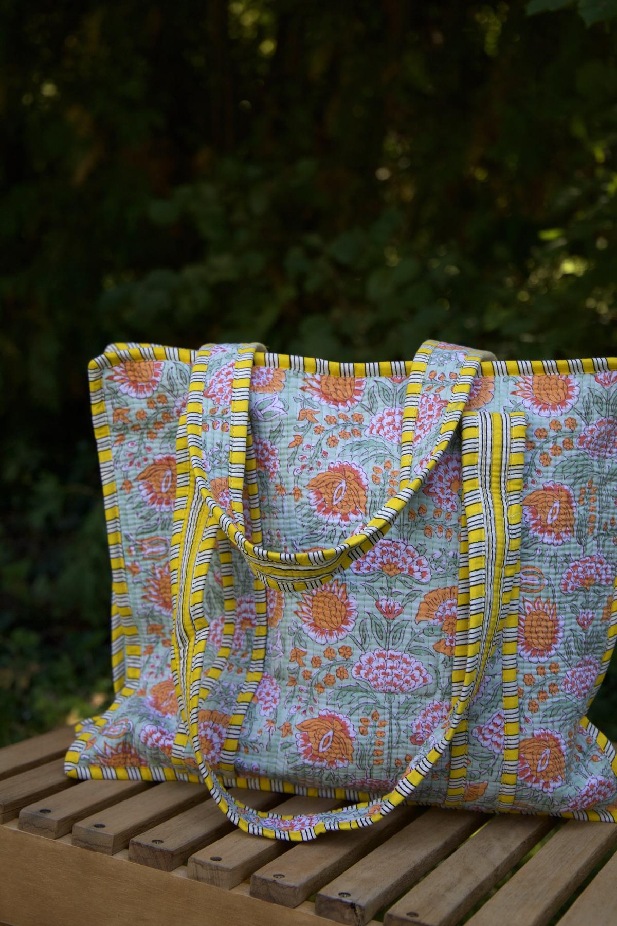 Sac cabas en coton jaune et vert avec fermeture éclair