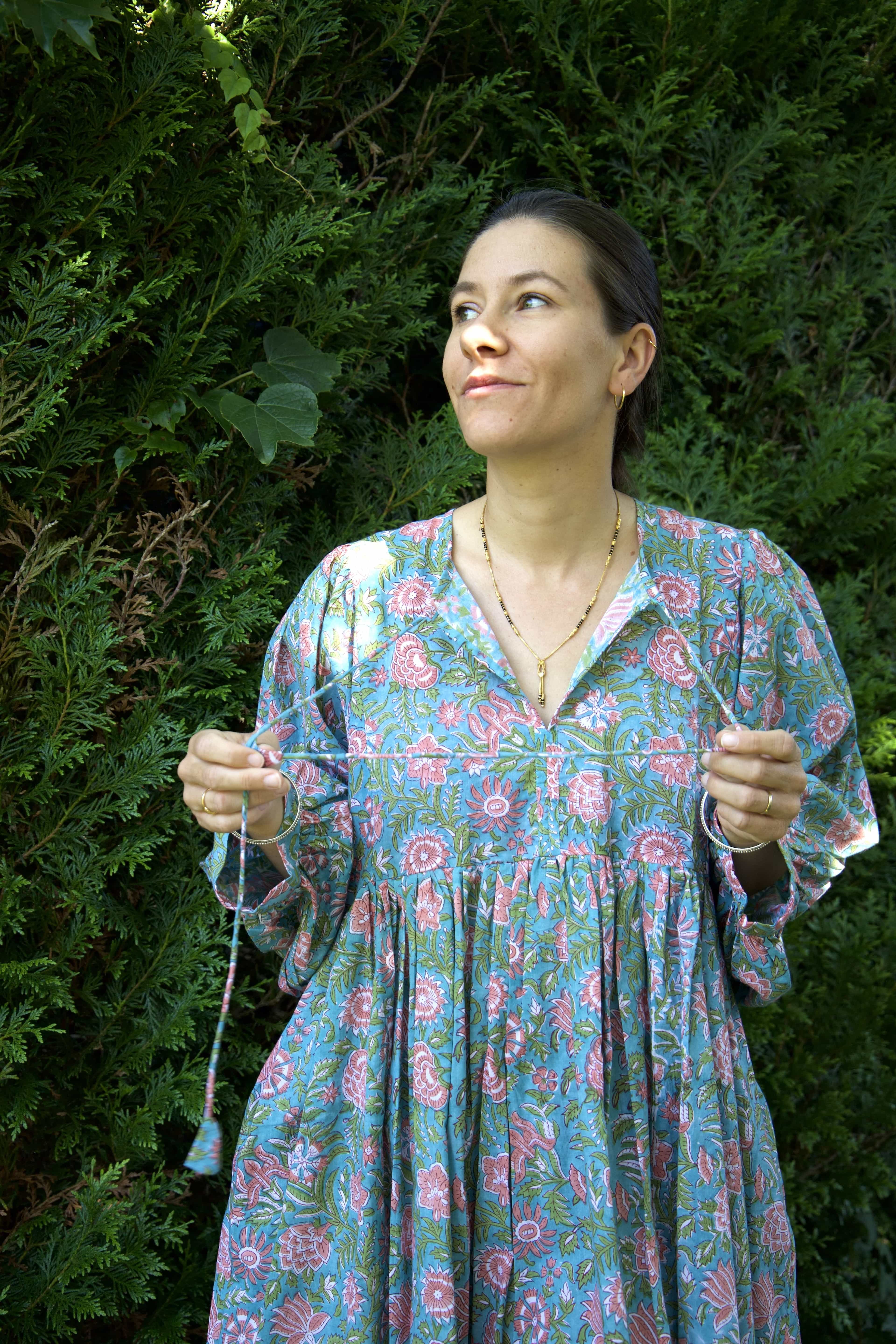 Robe bleu vert courte en coton