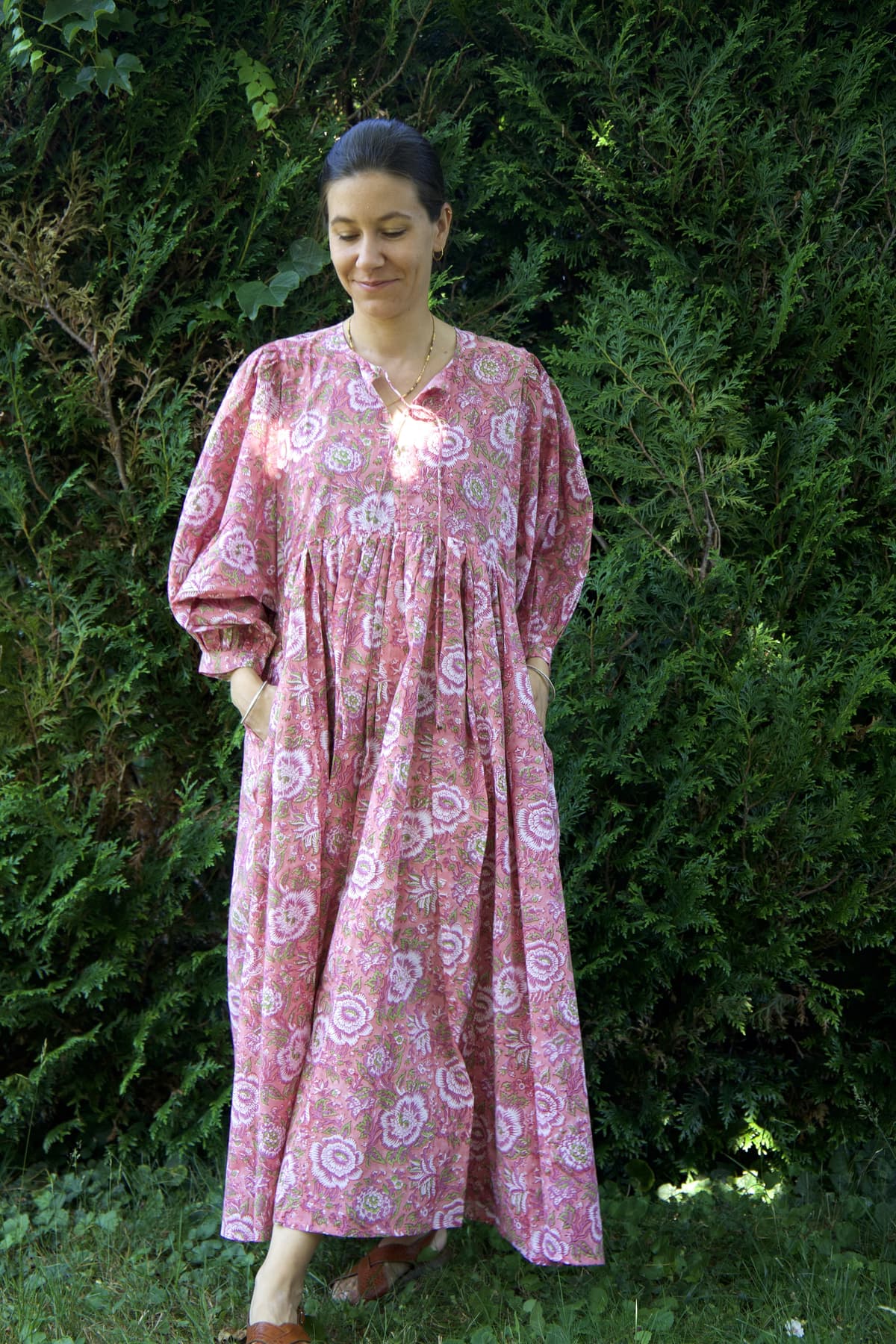 Robe longue rose en coton