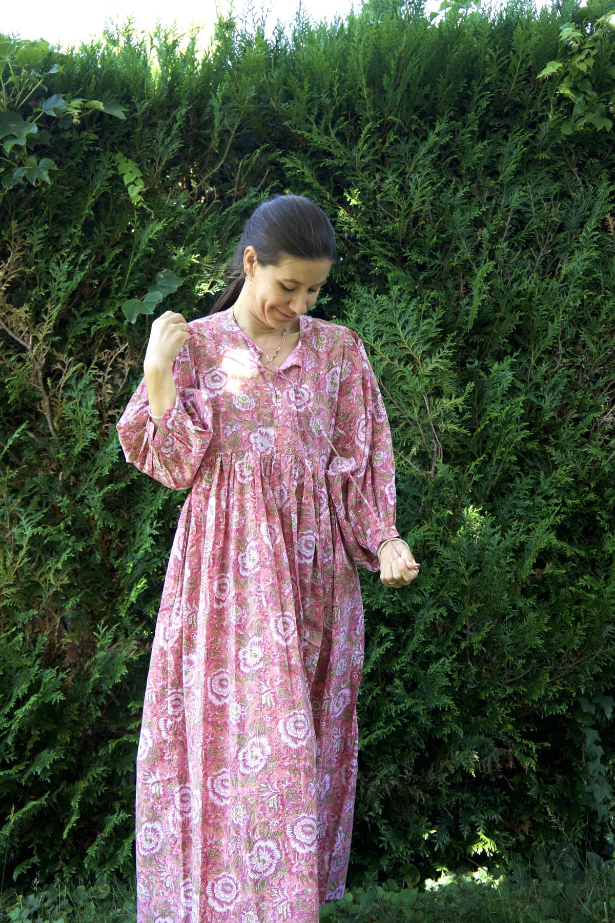 Robe longue rose en coton